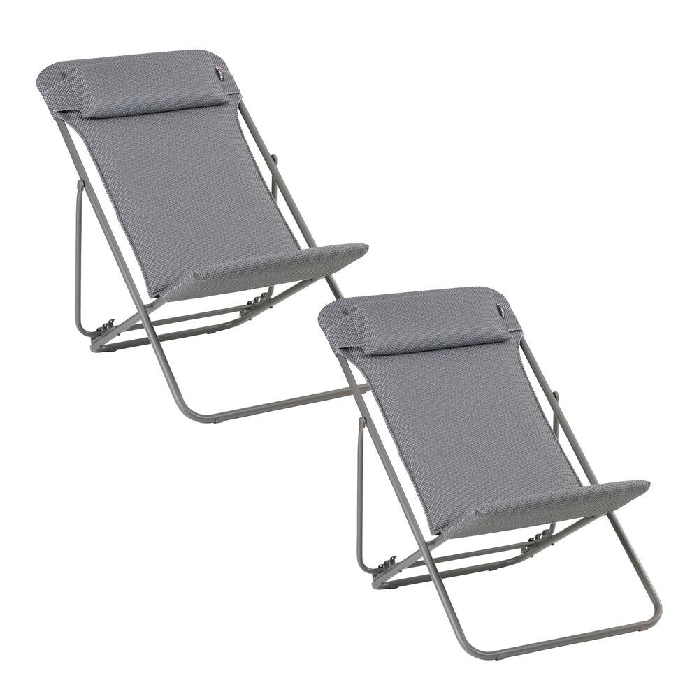 Lot de 2 transats jardin pliants multi-positions en acier gris