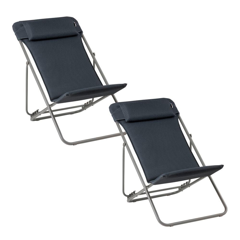Lot de 2 transats jardin pliants multi-positions en acier gris