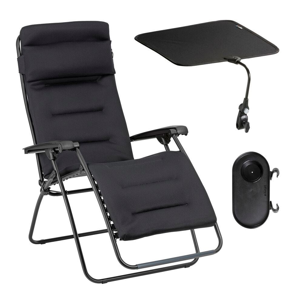 Ensemble fauteuil relax matelassé avec accessoires en acier noir