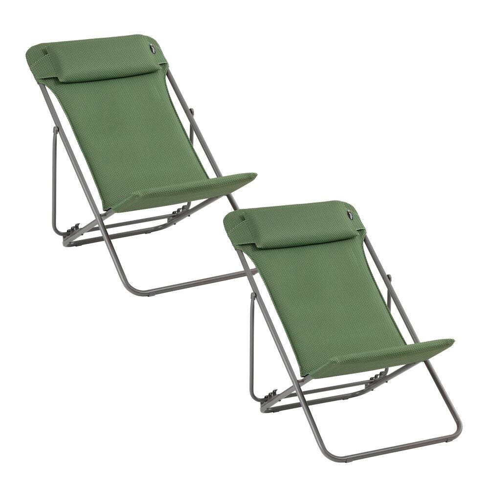 Lot de 2 transats jardin pliants multi-positions en acier vert