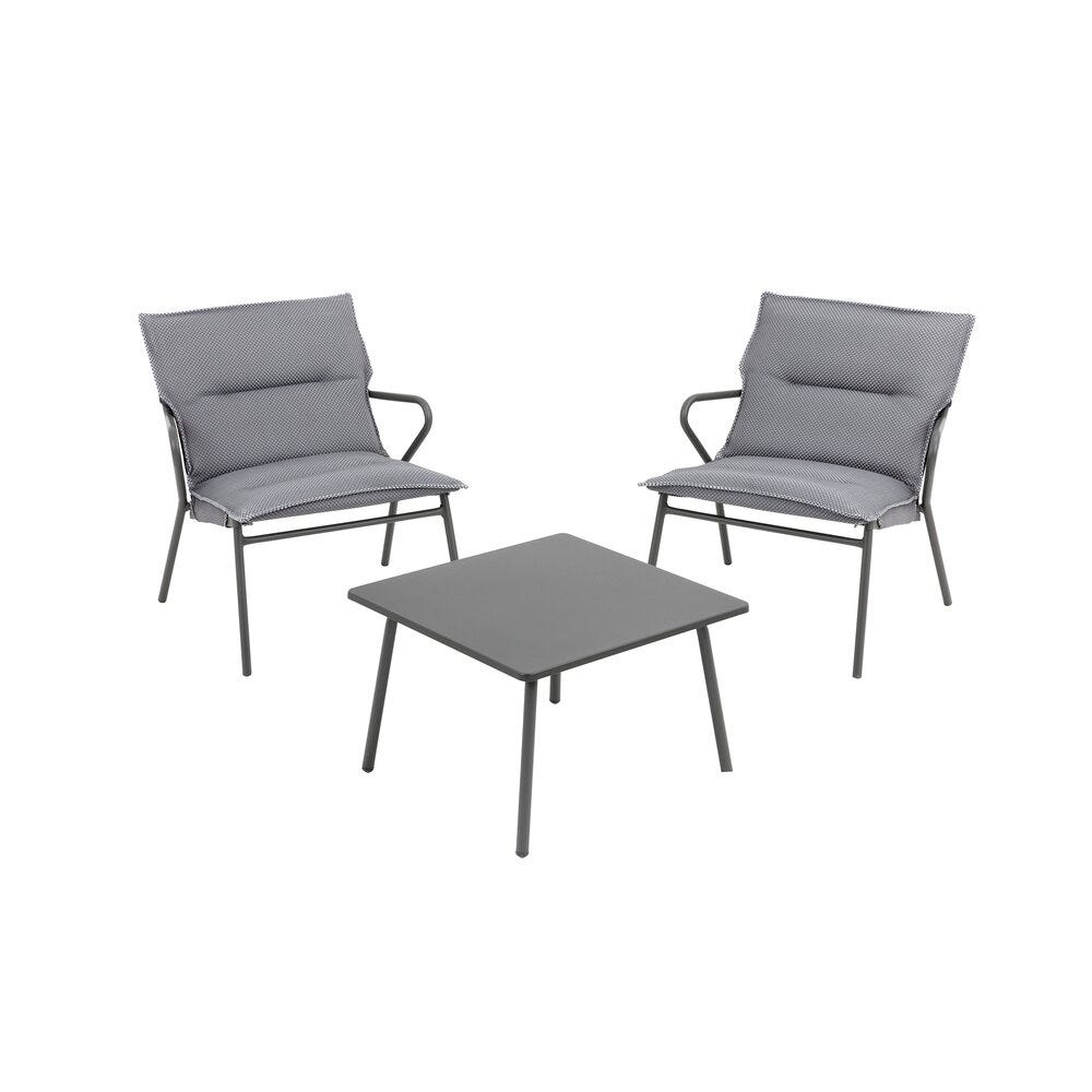 Ensemble 1 table basse carrée et 2 fauteuils en acier gris