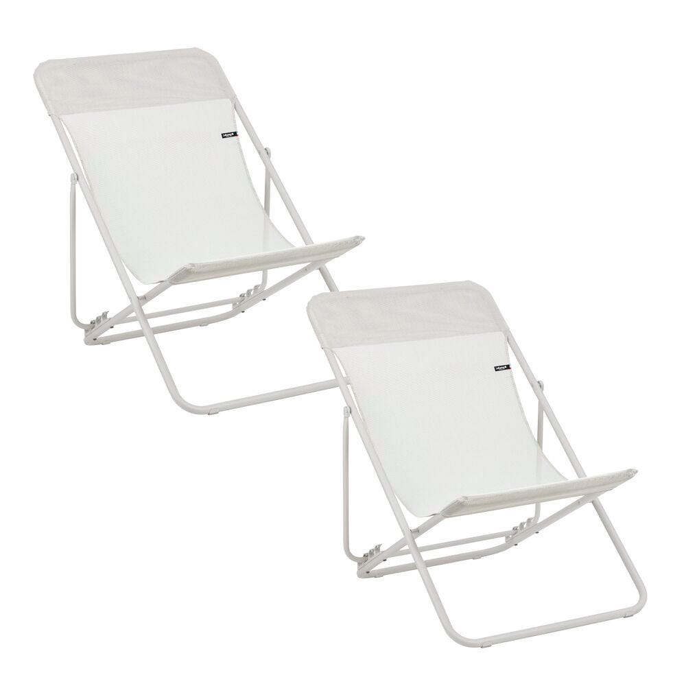 Lot de 2 transats jardin pliants multi-positions en acier beige