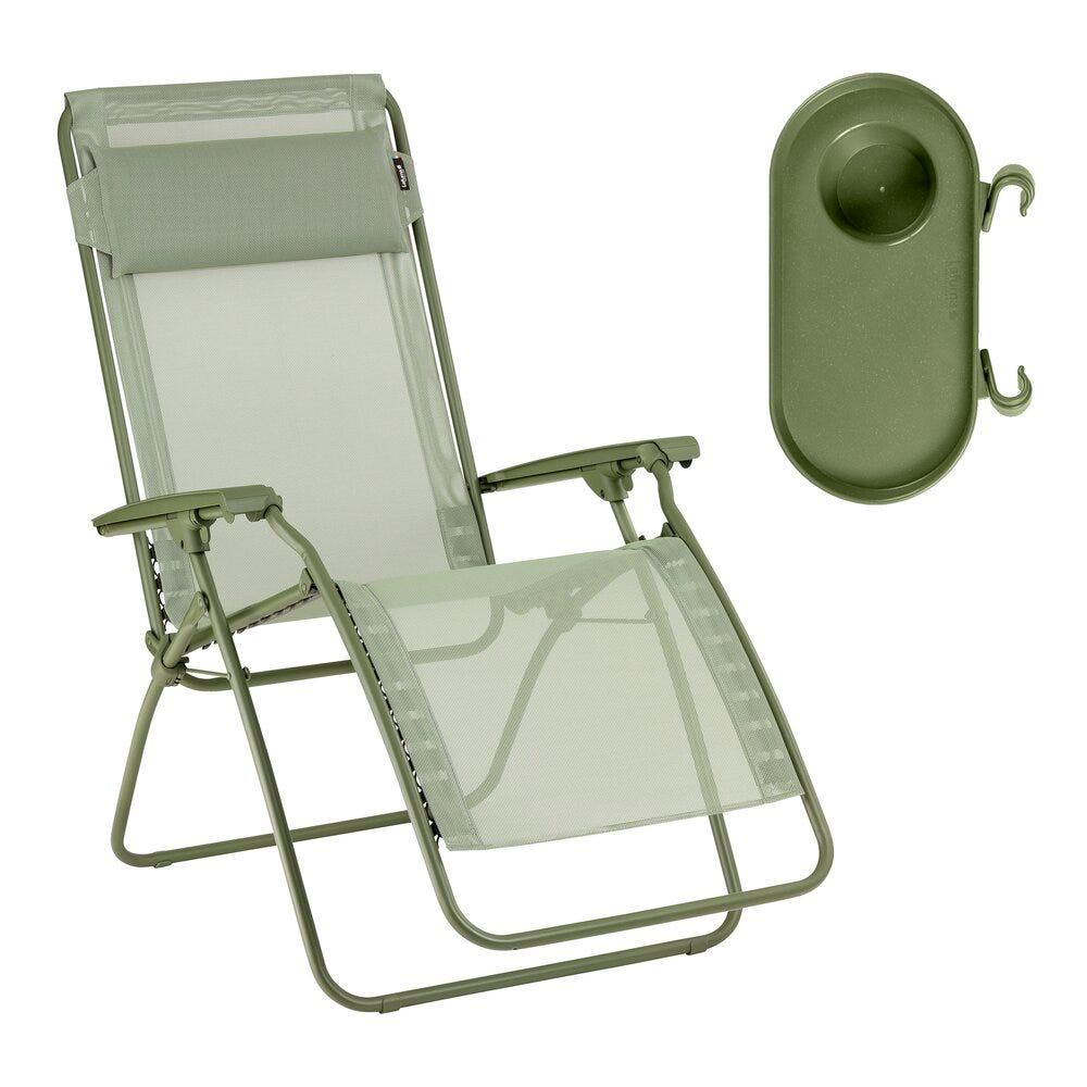 Ensemble fauteuil relax et porte gobelet en acier vert