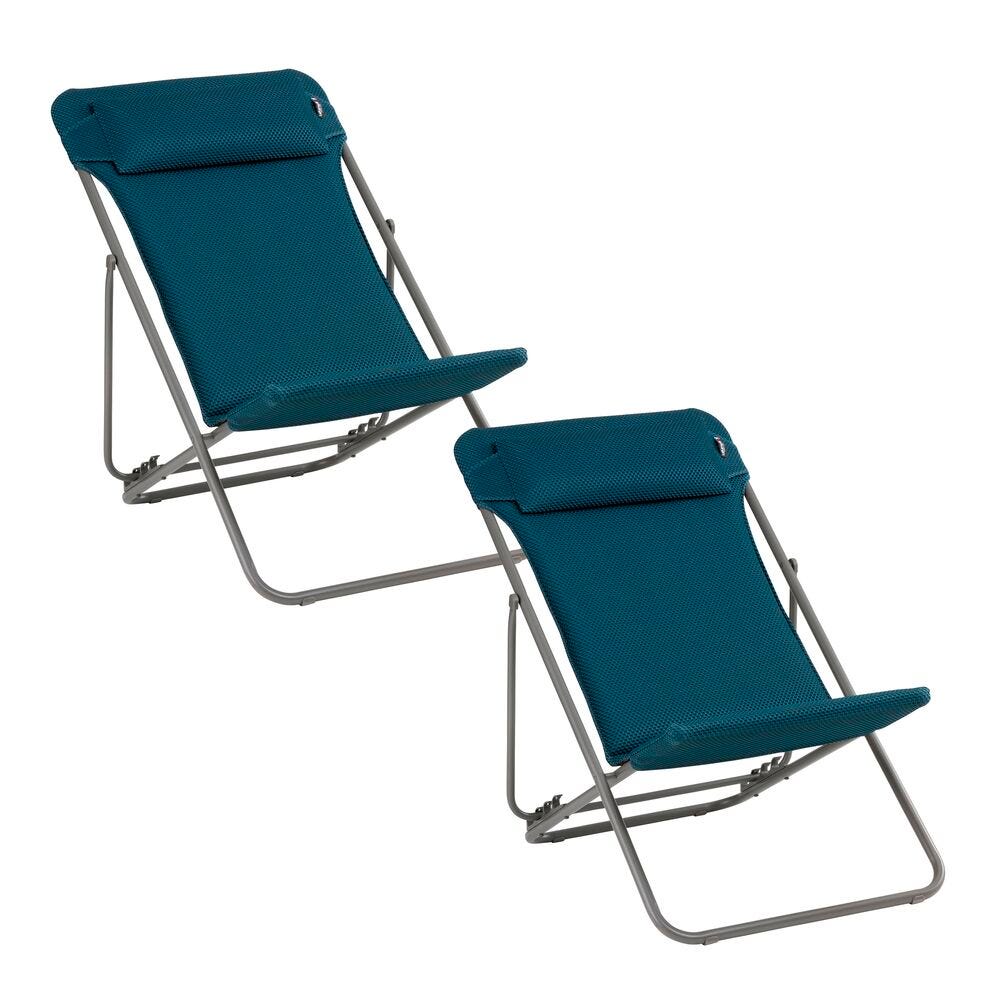 Lot de 2 transats jardin pliants multi-positions en acier bleu