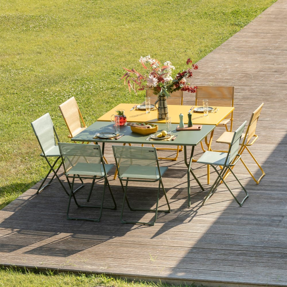 Table de jardin pliante 140x80x72cm en acier jaune L80xl140xH72