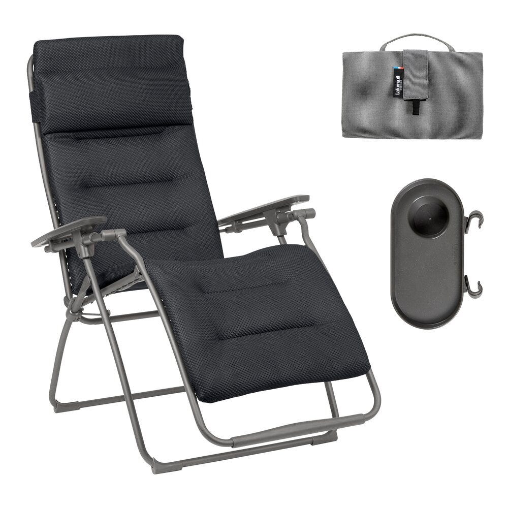 Ensemble fauteuil relax avec porte gobelet et housse en acier gris