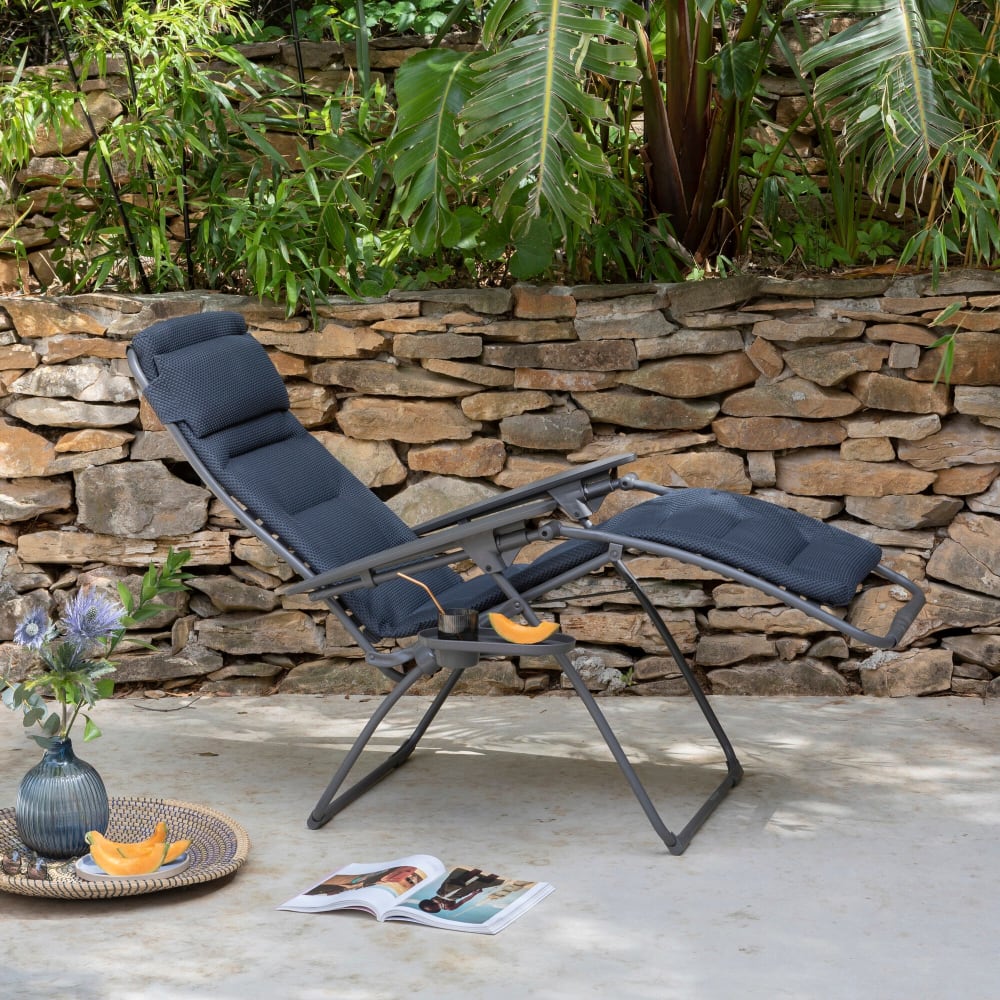 Ensemble fauteuil relax avec porte gobelet et housse en acier gris