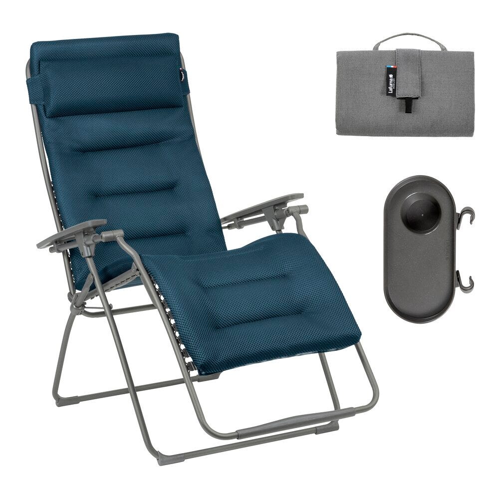 Ensemble fauteuil relax xl avec porte gobelet et housse en acier bleu