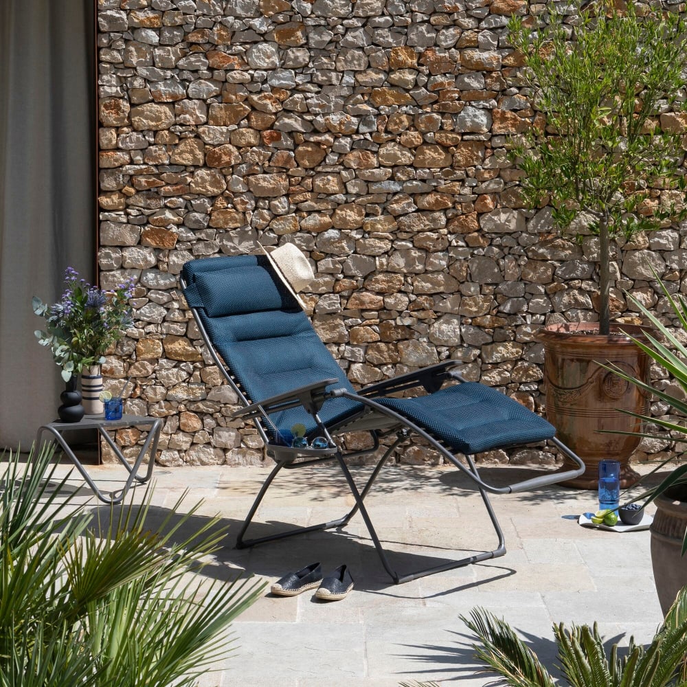 Ensemble fauteuil relax xl avec porte gobelet et housse en acier bleu