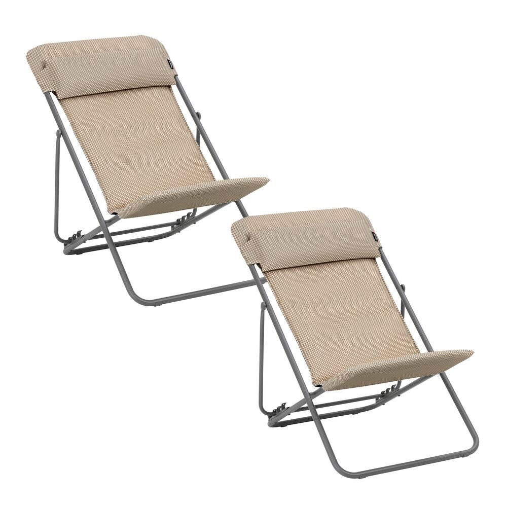 Lot de 2 transats jardin pliants multi-positions en acier beige