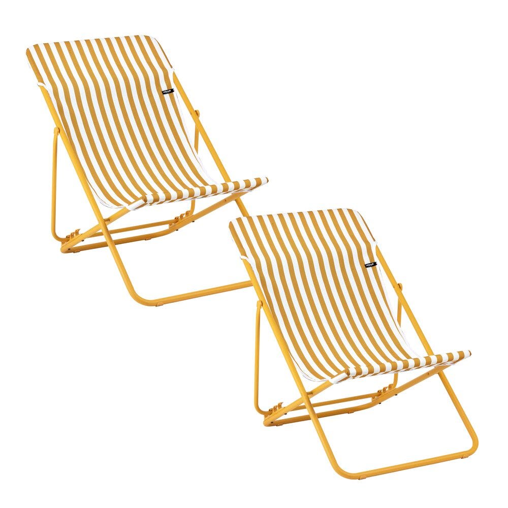 Lot de 2 transats jardin pliants multi-positions en acier jaune