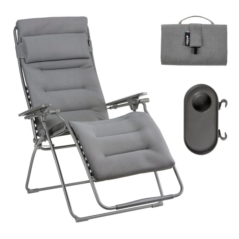Ensemble fauteuil relax xl avec porte gobelet et housse en  gris