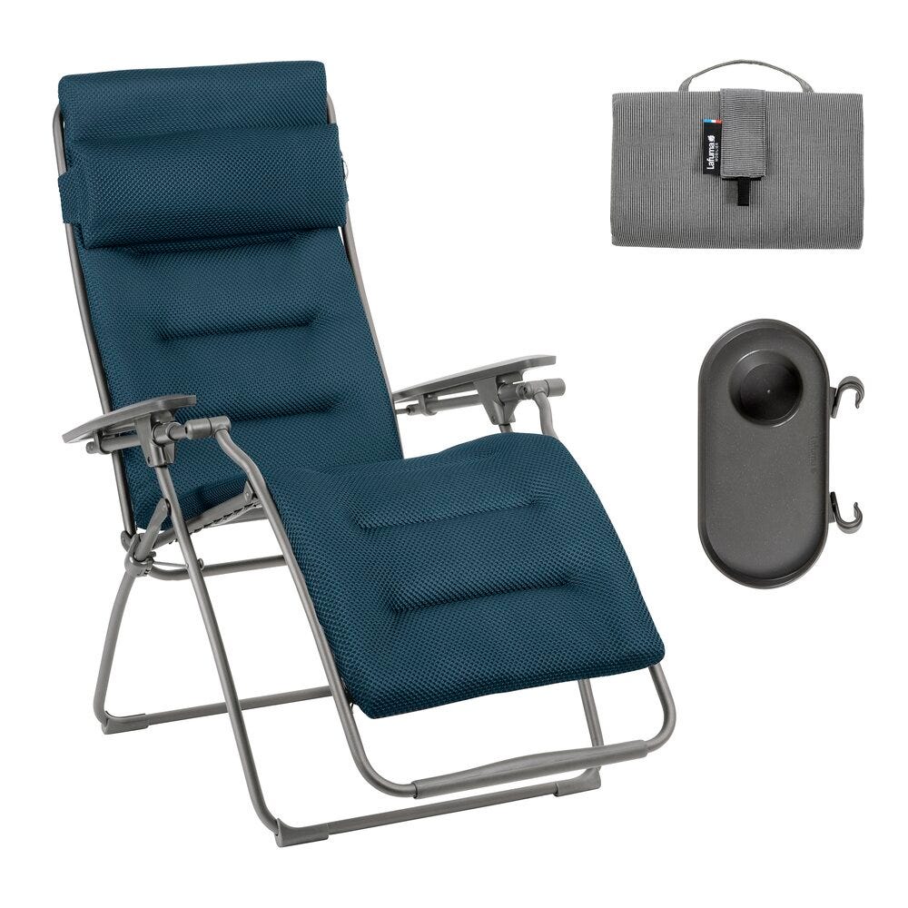 Ensemble fauteuil relax avec porte gobelet et housse en acier bleu