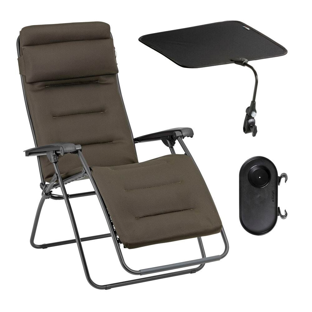 Ensemble fauteuil relax matelassé avec accessoires en acier marron