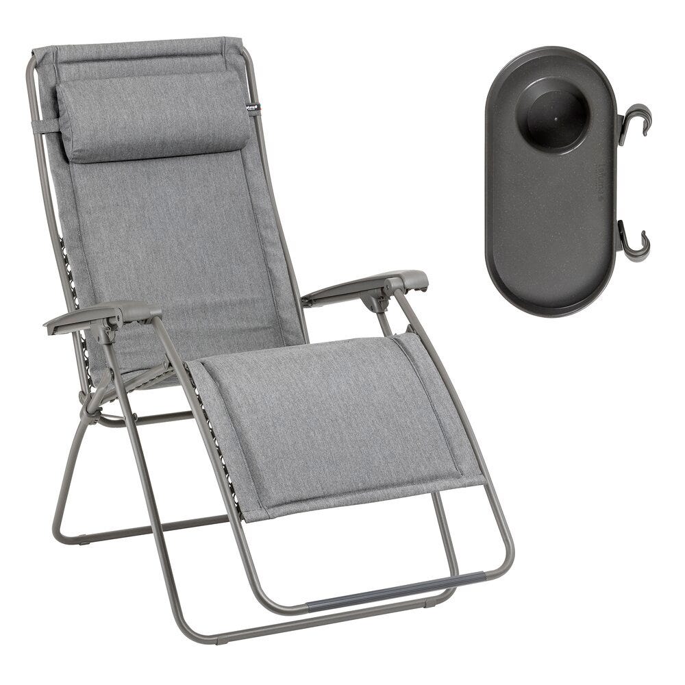 Ensemble fauteuil relax et porte gobelet en acier gris
