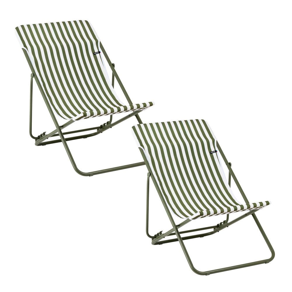 Lot de 2 transats jardin pliants multi-positions en acier vert