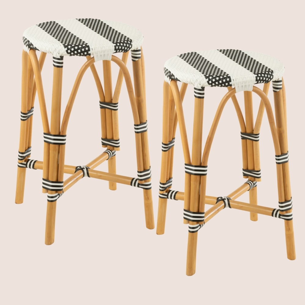 Lot de 2 tabourets de bar parisiens assise tressée rayures noir