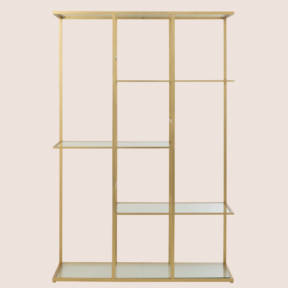 Etagère bibliothèque asymétrique en verre et métal doré