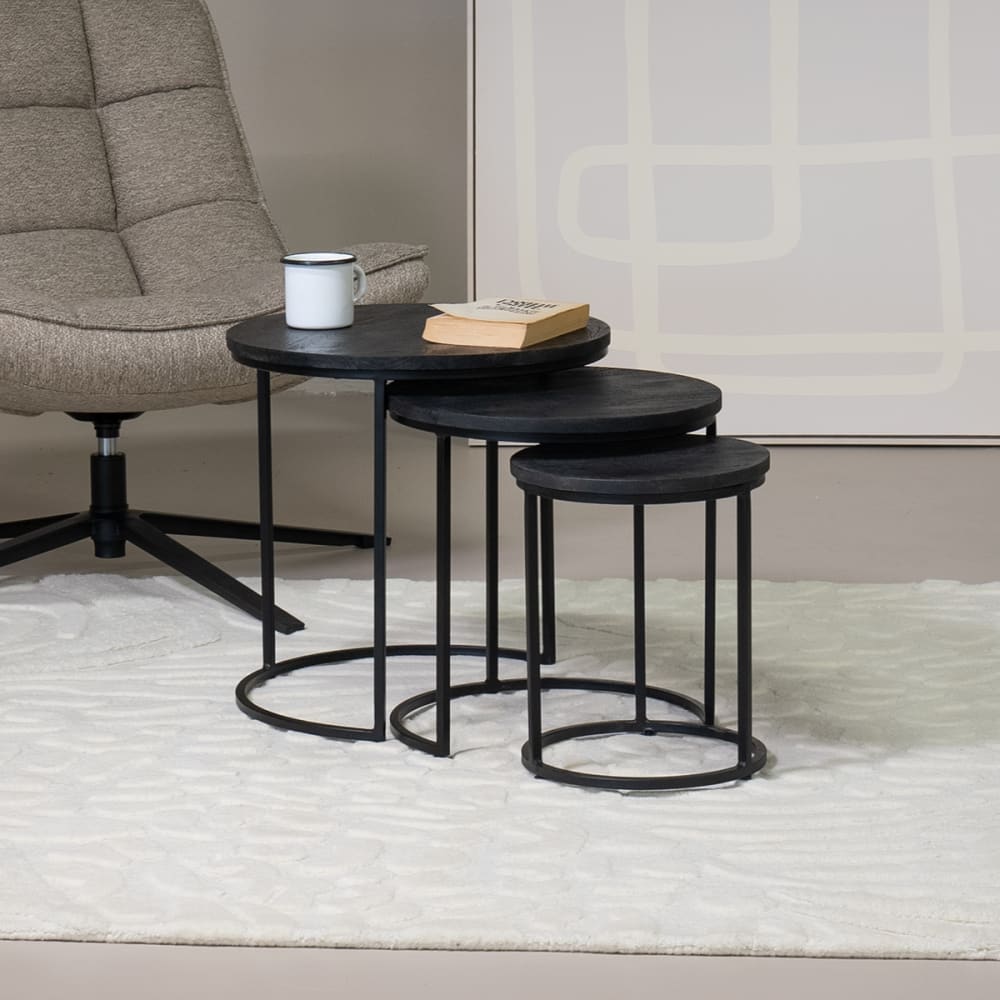 Couchtisch rund 3er-Set aus Mangoholz, schwarz - Maisons Du Monde