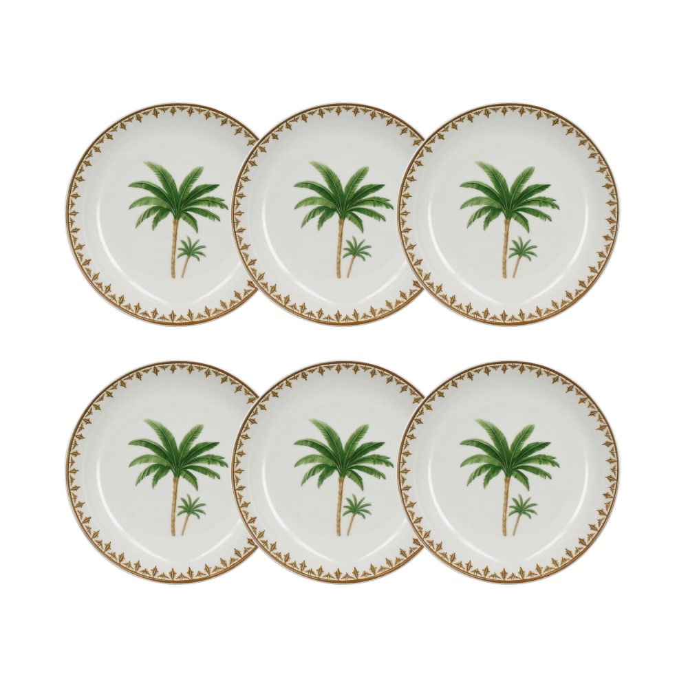 Lot de 6 assiettes creuses 20cm en porcelaine à imprimé palmier