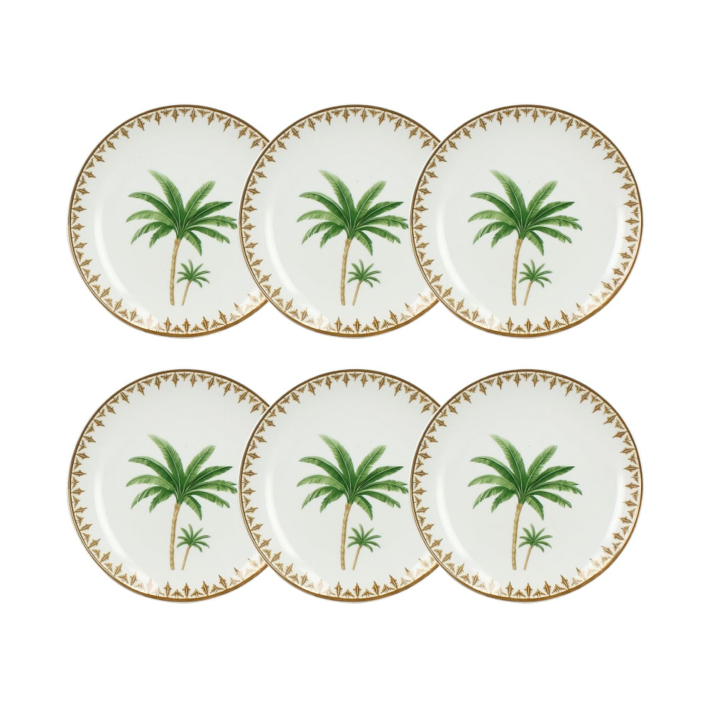Lot de 6 assiettes à dessert 20cm en porcelaine à imprimé palmier