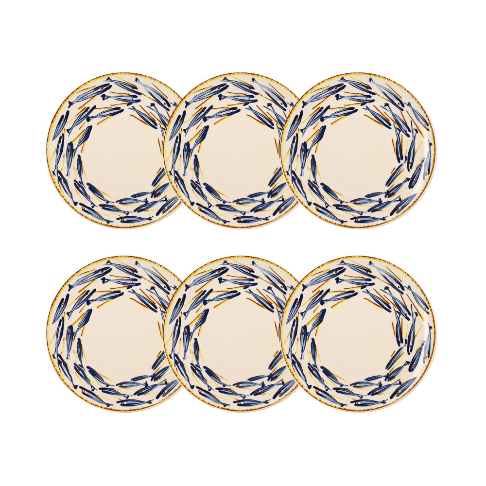 Lot de 6 assiettes plates 26cm en porcelaine à imprimé poisson Lot de 6 assiettes plates 26cm en porcelaine à imprimé poisson