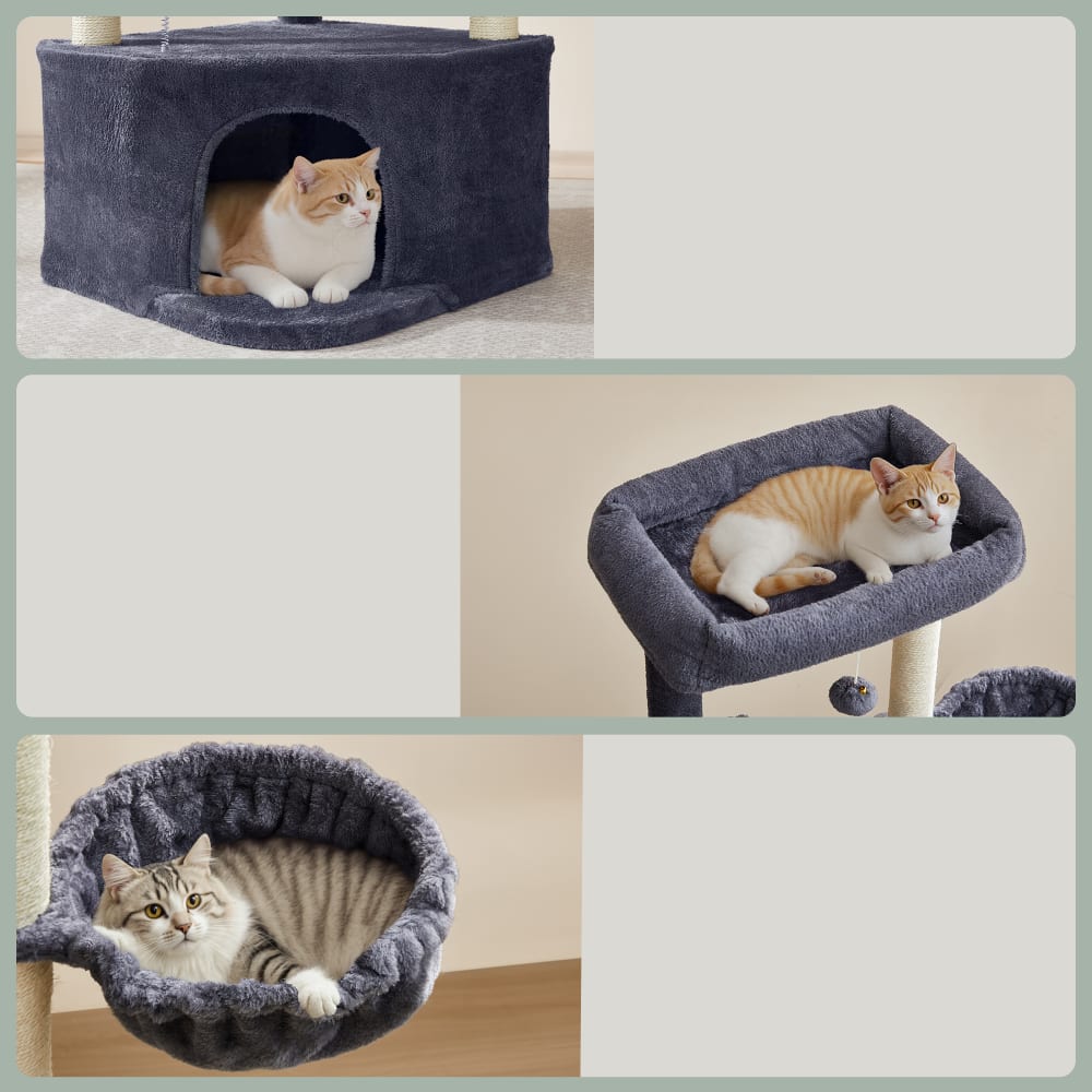 Arbre à chat avec balles en peluche hamac niche gris
