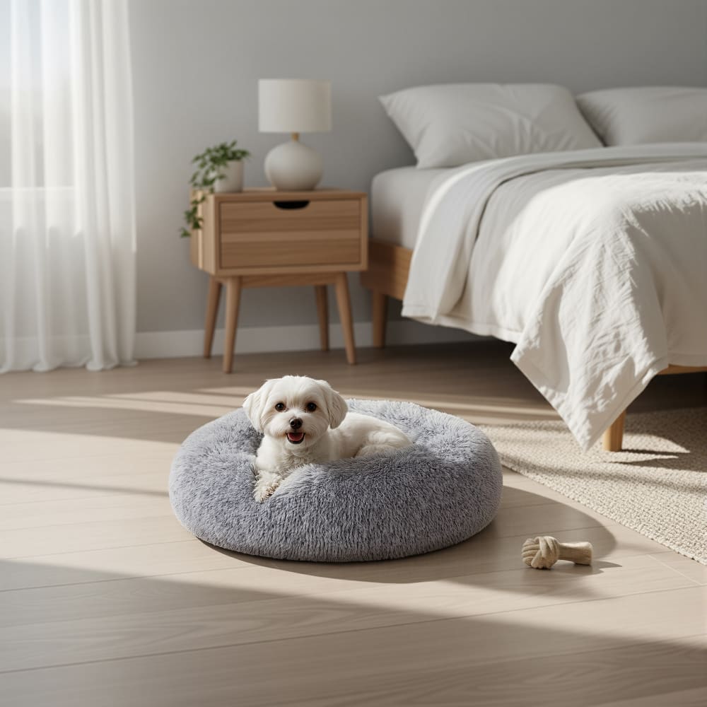 Panier pour chien en forme de donut housse amovible et lavable gris Panier pour chien en forme de donut housse amovible et lavable gris