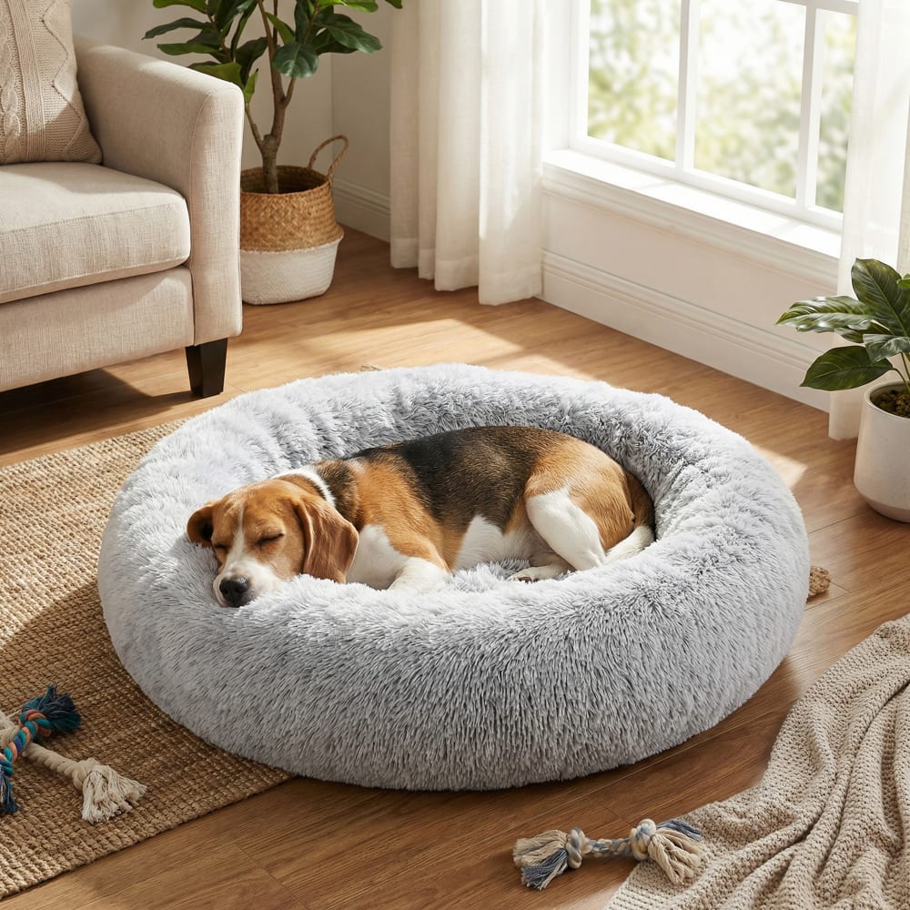 Panier pour chien en forme de donut housse amovible et lavable gris Panier pour chien en forme de donut housse amovible et lavable gris