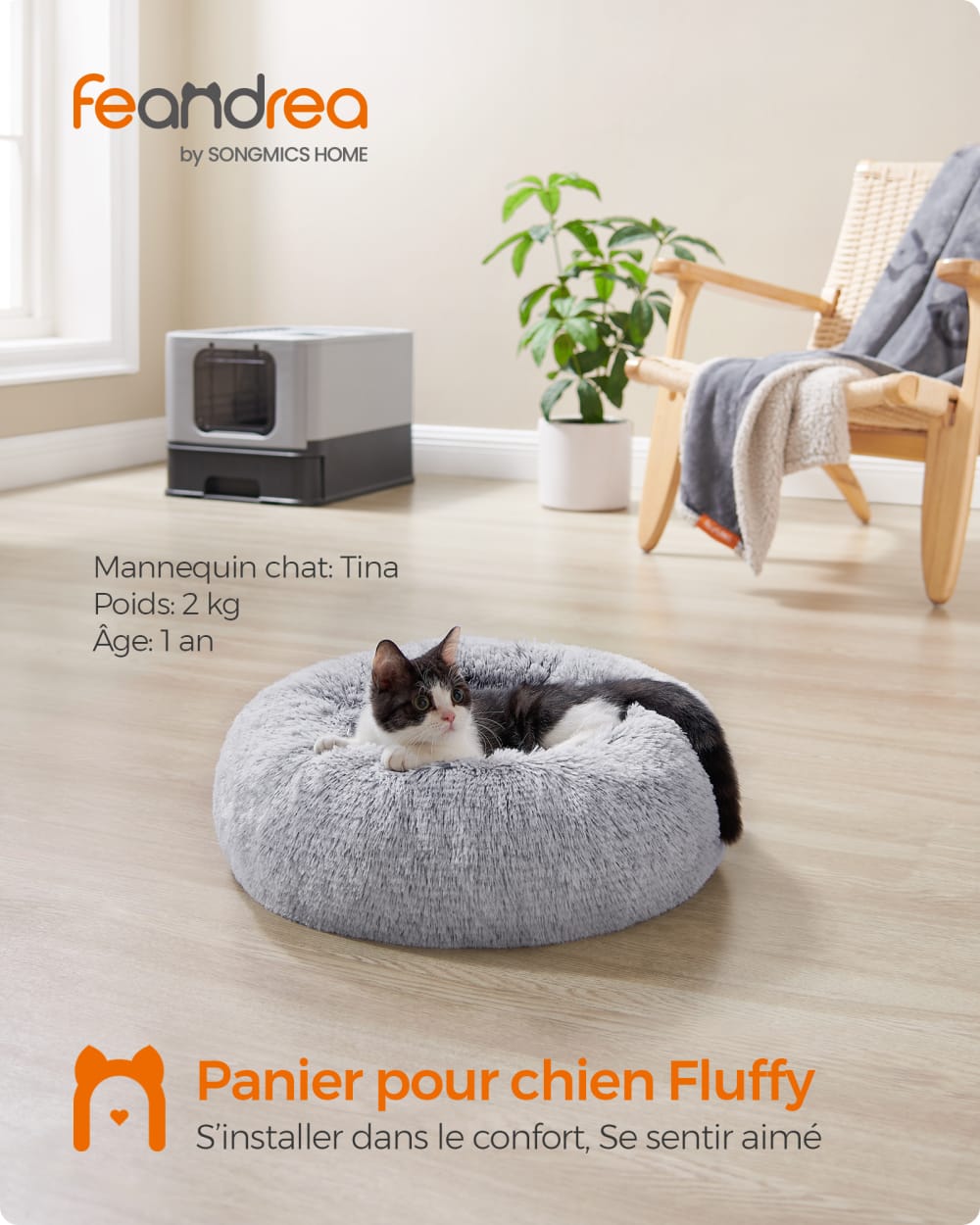 Panier pour chien en forme de donut housse amovible et lavable gris Panier pour chien en forme de donut housse amovible et lavable gris