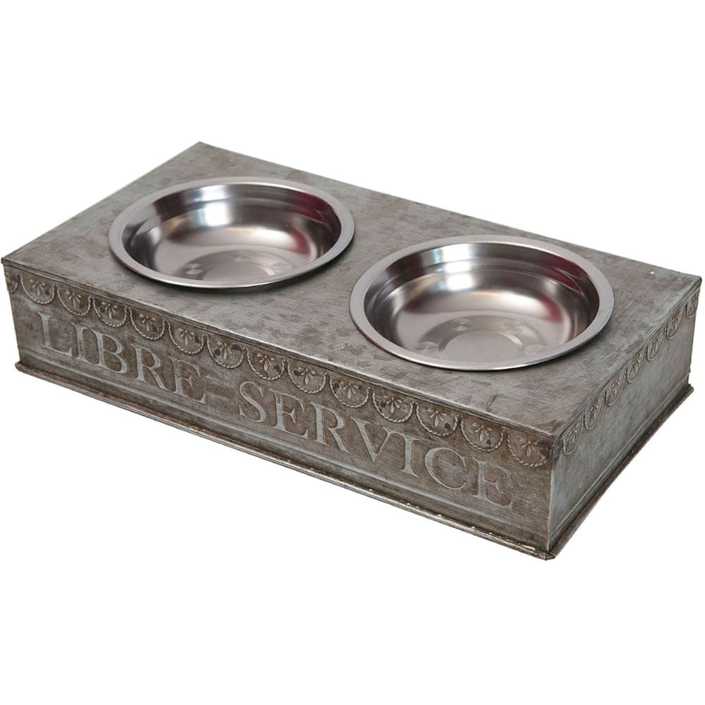 Porte gamelles en zinc + 2 gamelles inox libre service 36x19x8cm