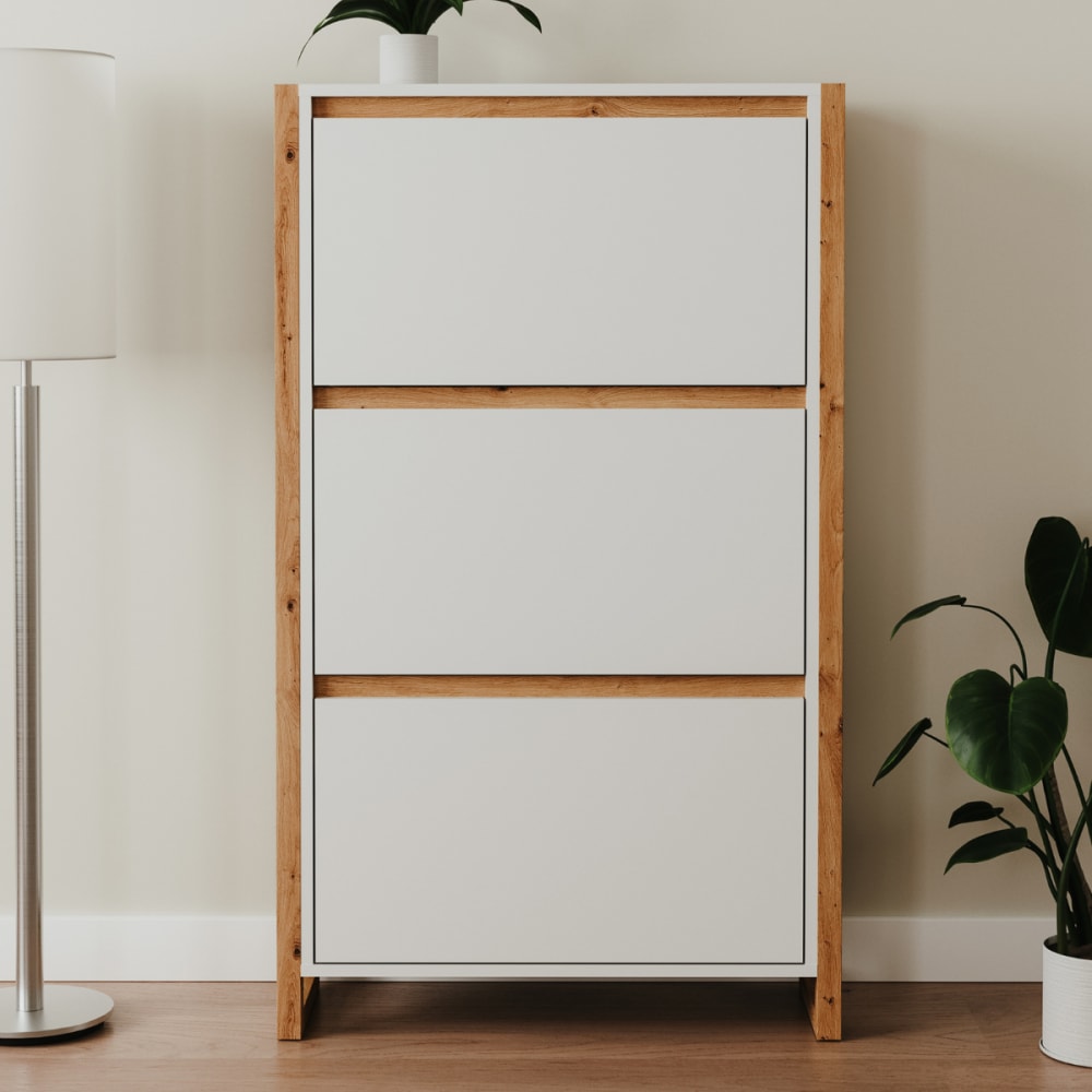 Meuble à chaussures 3 abattants L70 cm - Effet Blanc et Chêne