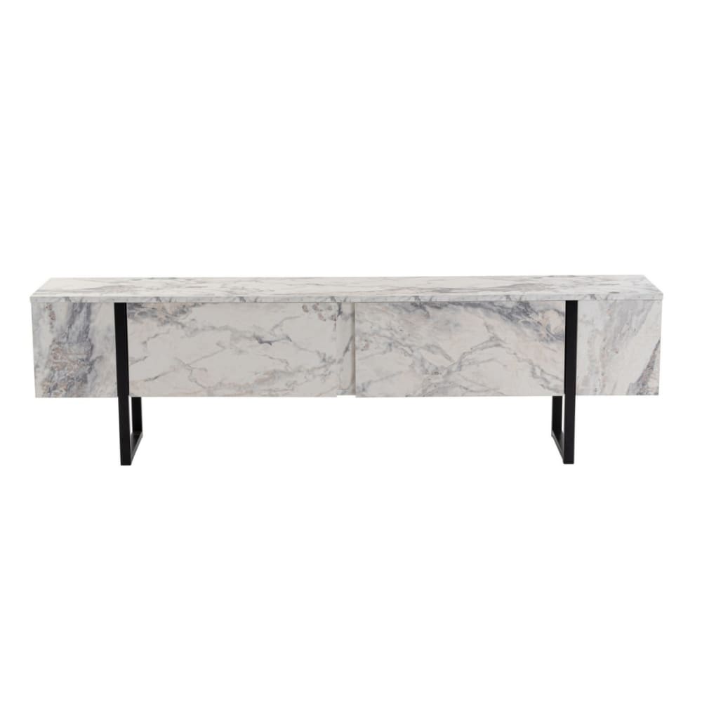 Meuble TV 2 portes abattantes L180 cm - Effet Marbre et noir