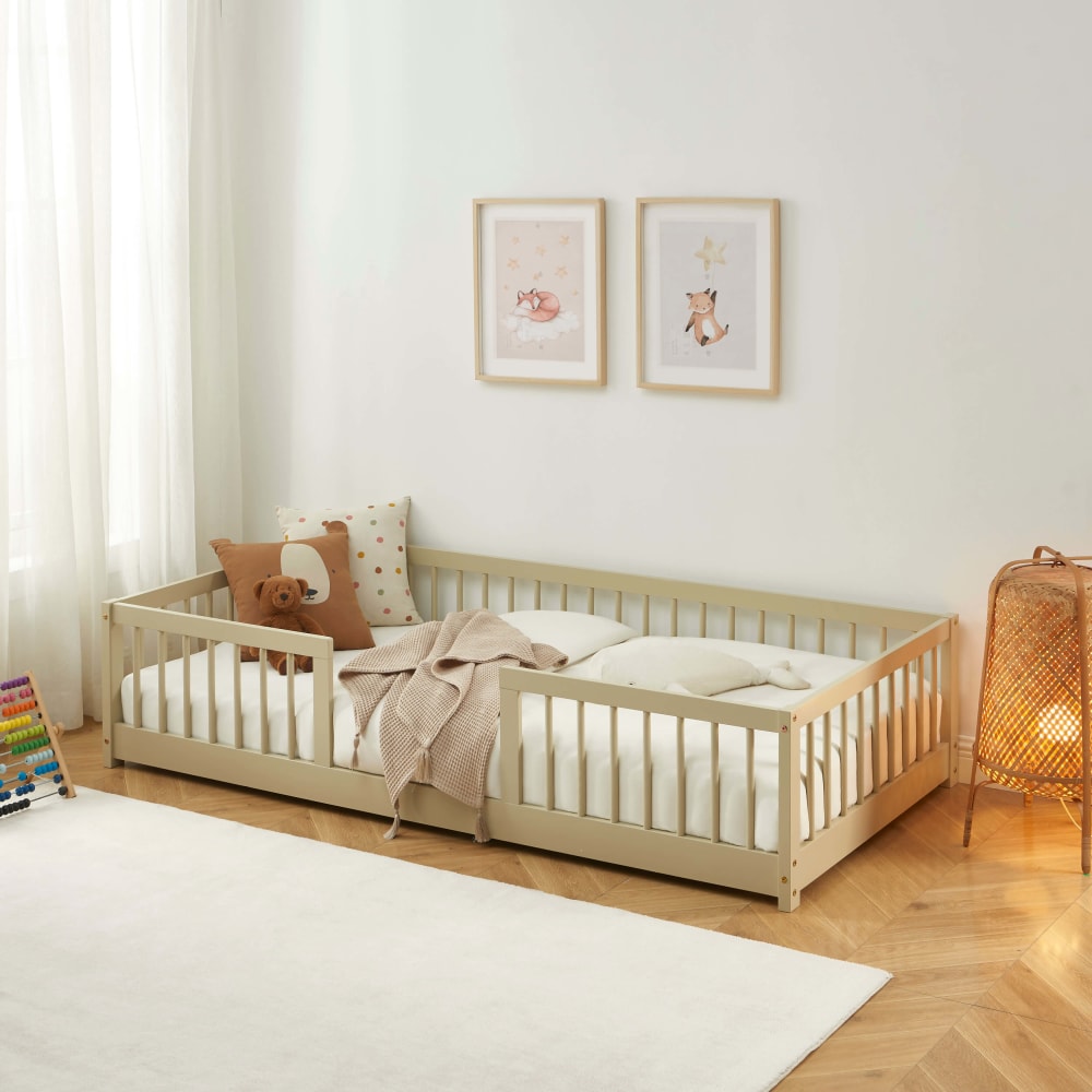 Lit enfant avec barrières  pin massif beige 90x190 sommier (Baita) - Image 1