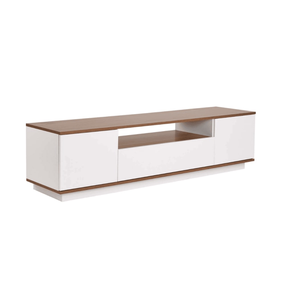 Meuble TV 3 portes 1 niche L180 cm - Effet Blanc et Bois
