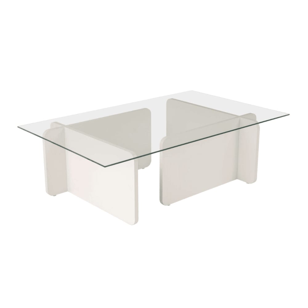 Table basse avec plateau en verre L105 cm - Effet Bois blanc