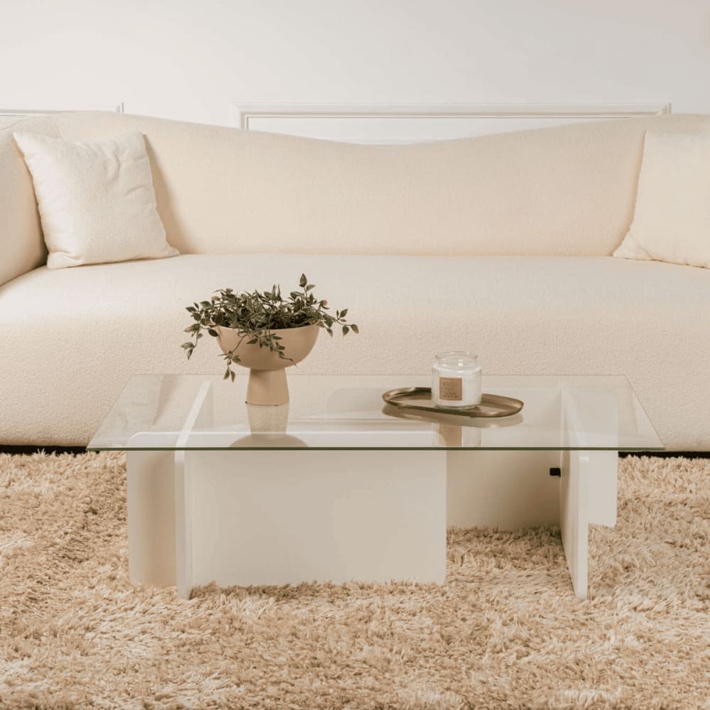 Table basse avec plateau en verre L105 cm - Effet Bois blanc