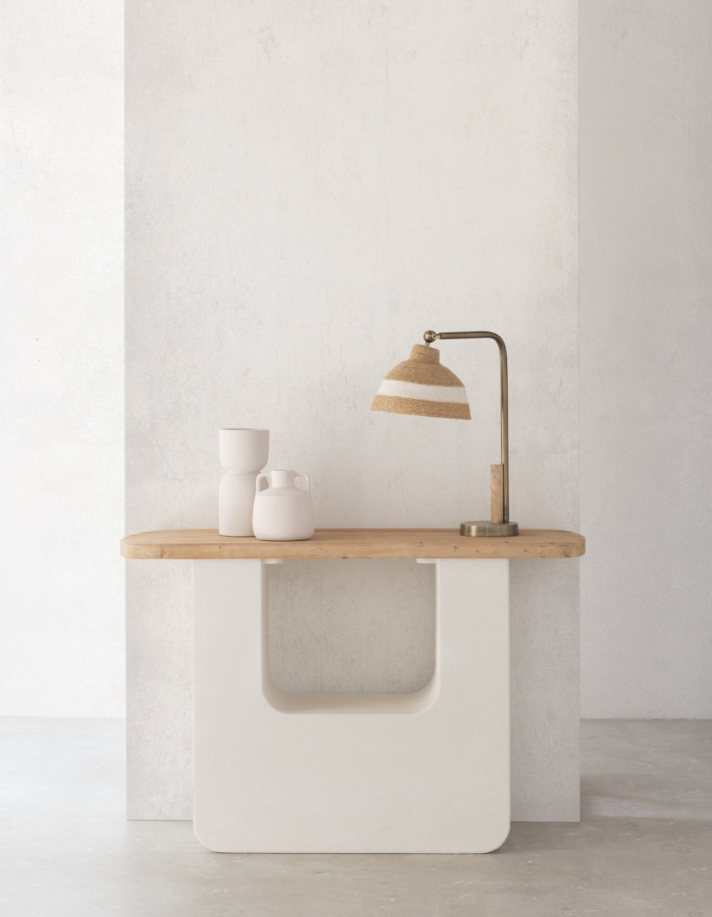 Console en polyrésine ciment blanc et plateau en bois de sapin