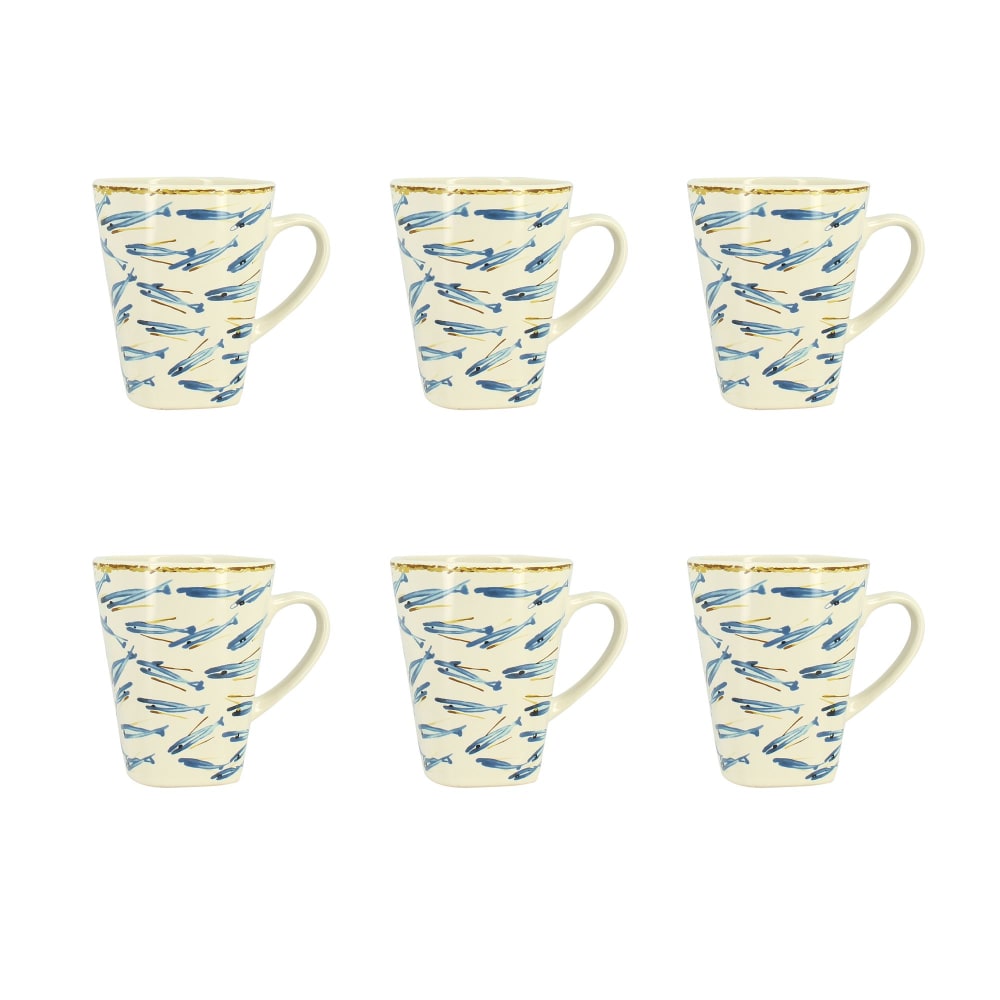 Lot de 6 mugs 36cl en grès à motif poisson