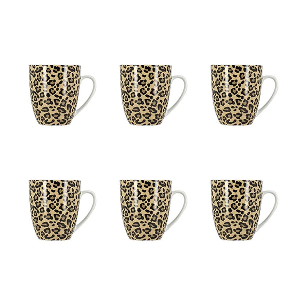 Lot de 6 mugs 35cl en porcelaine beige à motif léopard Lot de 6 mugs 35cl en porcelaine beige à motif léopard