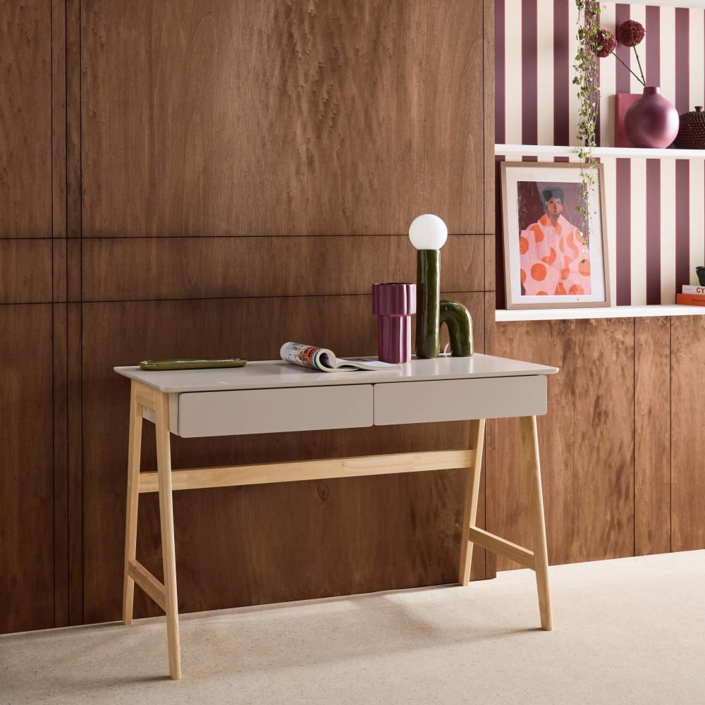 Bureau décor bois piétement bois d'hévéa 2 tiroirs naturel