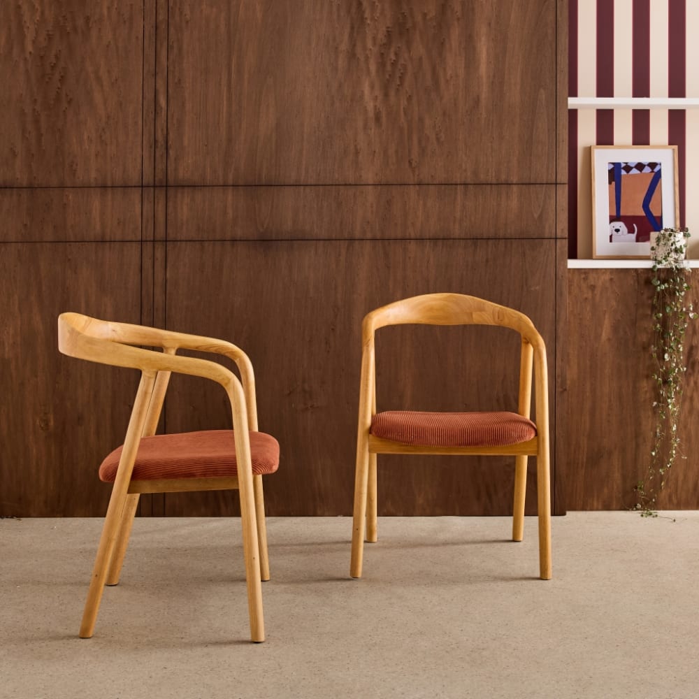 Lot de 2 fauteuils vintage hévéa naturel et velours côtelé terracotta
