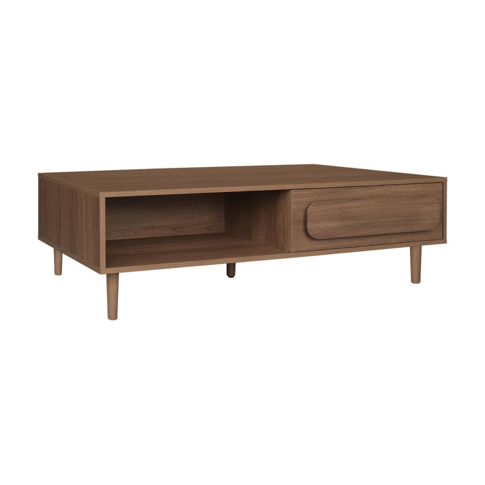 Table basse vintage décor bois de noyer 1 tiroir 2 niches 120cm