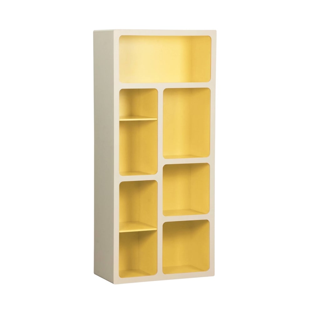 Etagère bibliothèque organique décor bois 8 compartiments jaune -