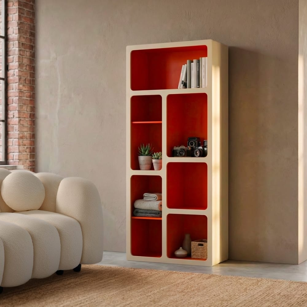 sweeek Organisches Bücherregal mit zweifarbigem Holzdekor, 8 Fächer - Agatha style vintage orange Spanplatte