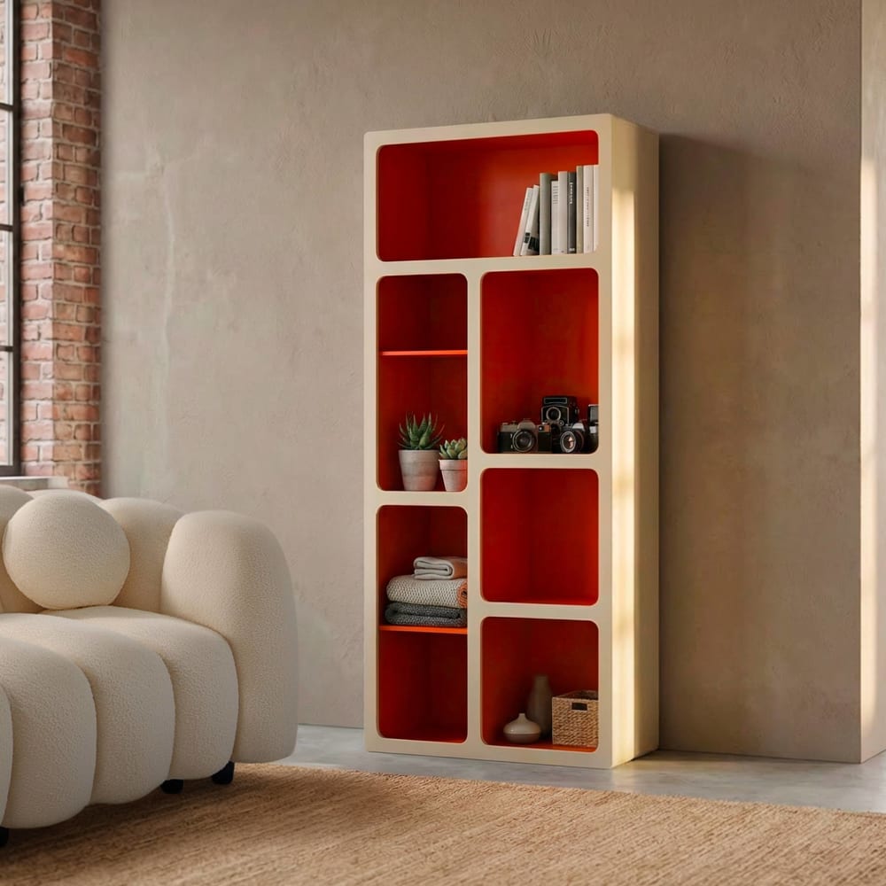 Etagère bibliothèque organique décor bois 8 compartiments orange -