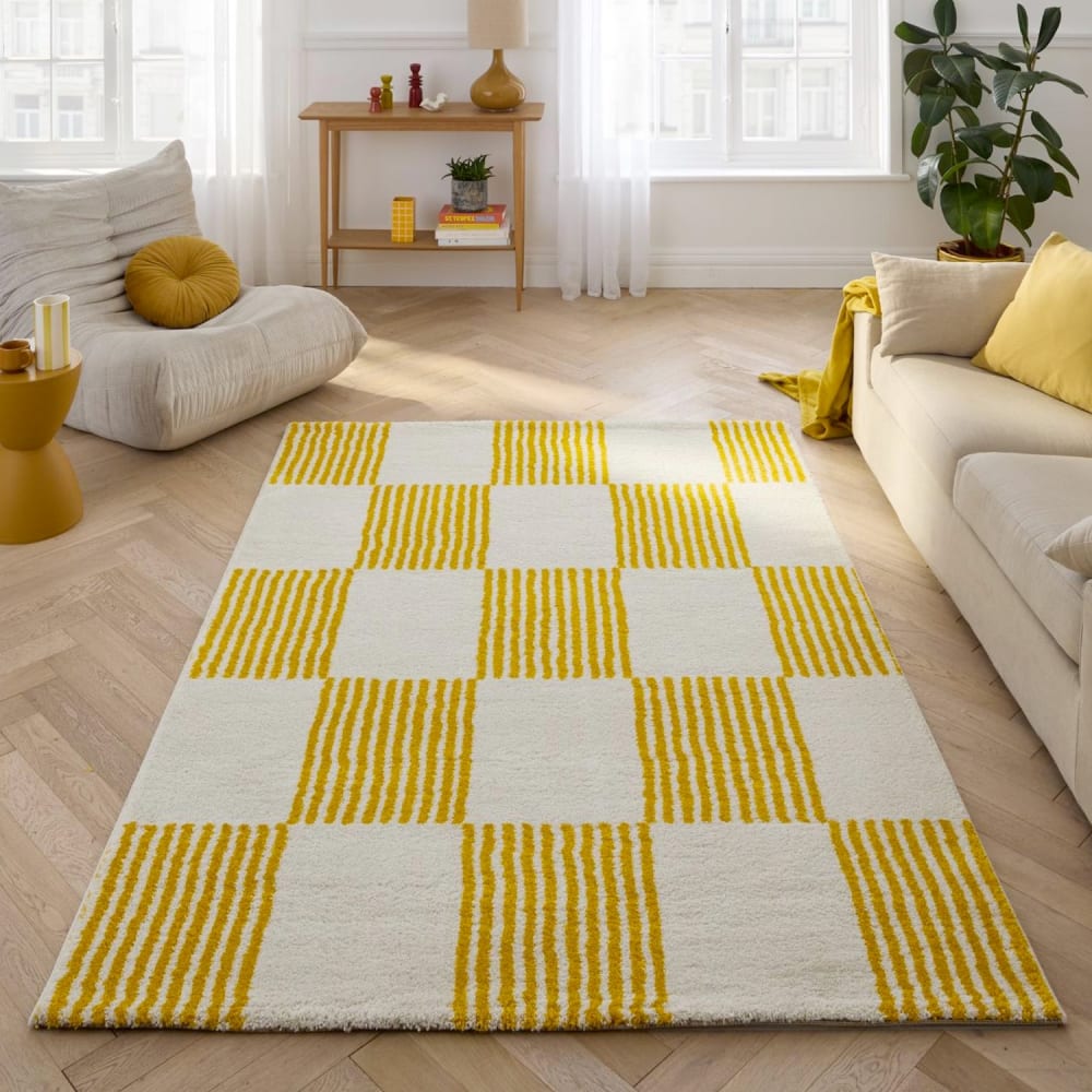 Tapis intérieur damier jaune et blanc 120 x 160 cm