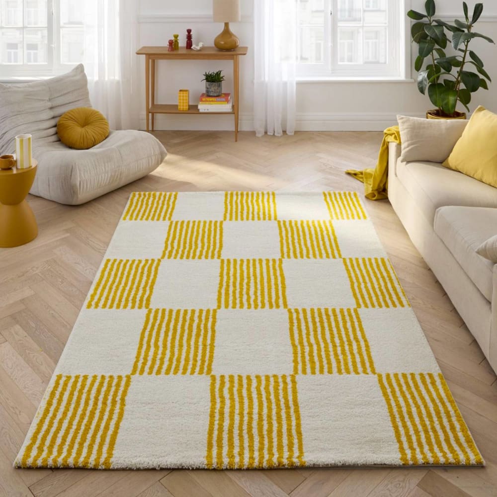 Tapis intérieur damier jaune et blanc 120 x 160 cm — vue 4