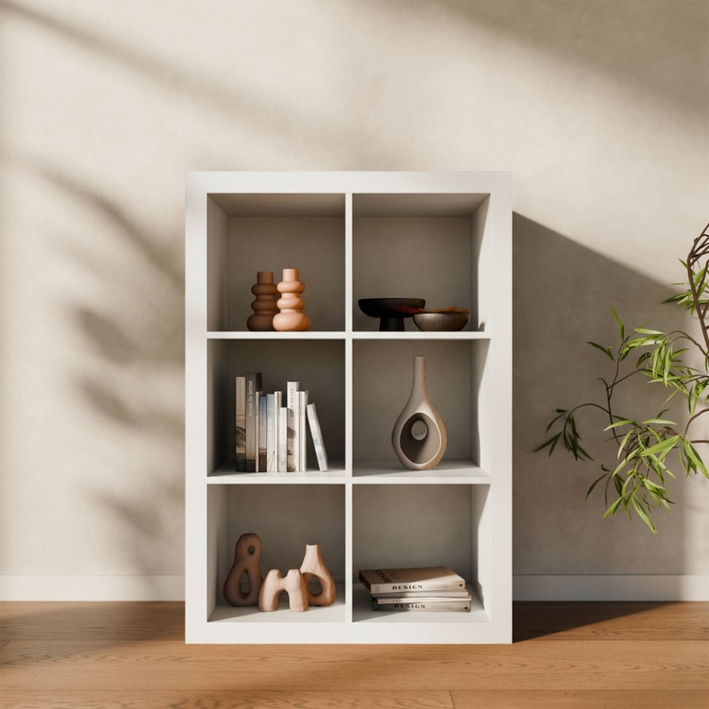sweeek Bücherregal, 2 Ebenen 6 Stauräume, Holz-Optik weiß style modern - Spanplatte