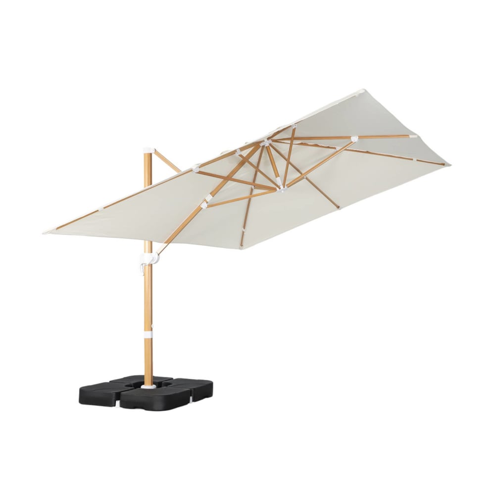 Parasol déporté 3x4m effet bois + base 50x50cm écru